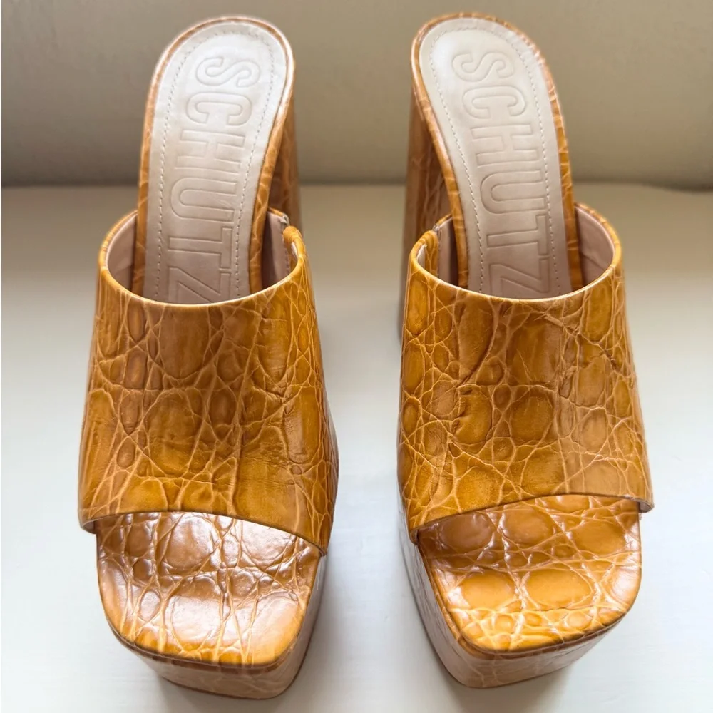 SCHUTZ Croc-Embossed Platform Mules in Cognac Tan